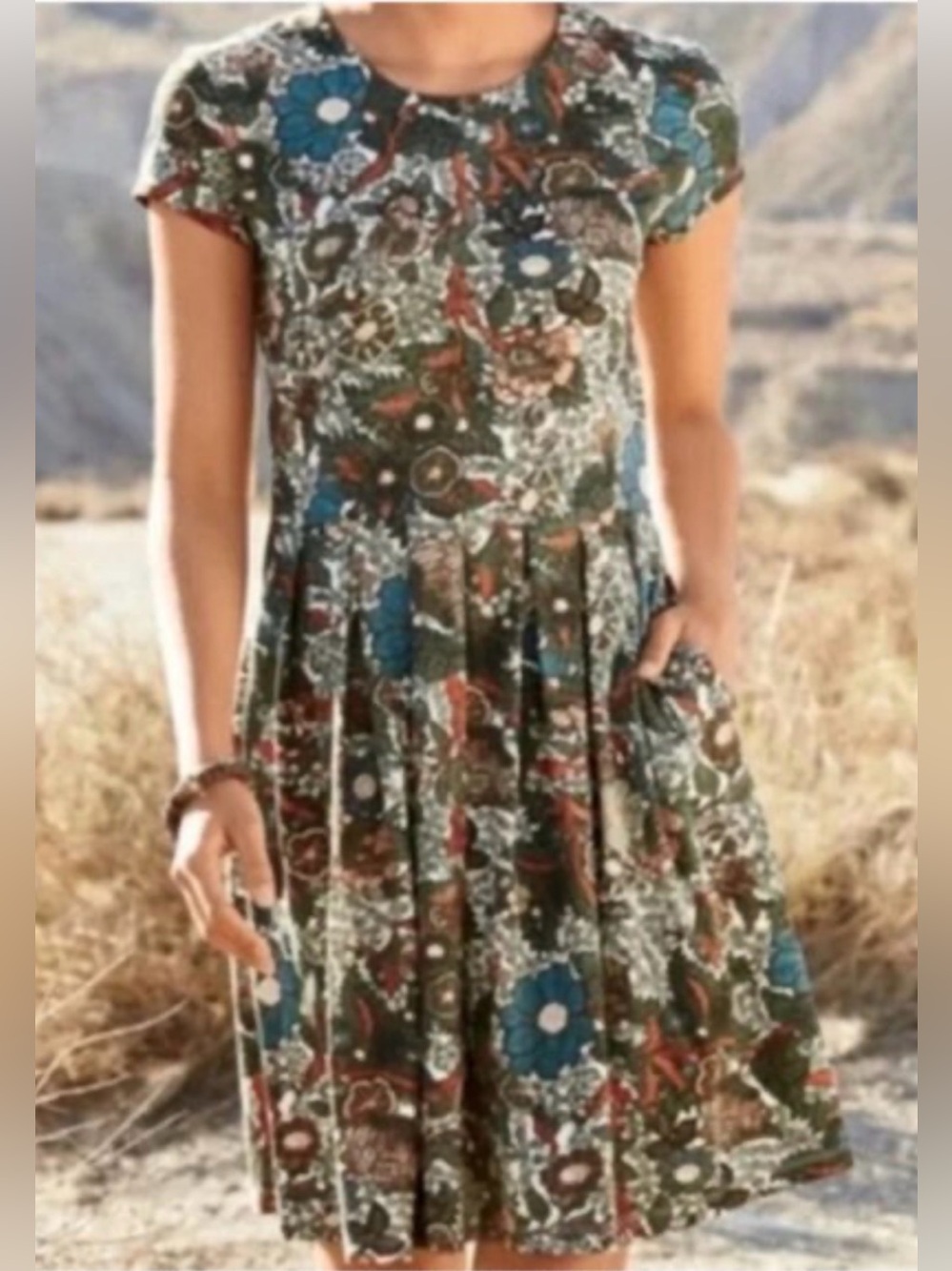 Peruvian Connection Floral Pleated Short-Sleeve Midi Dress